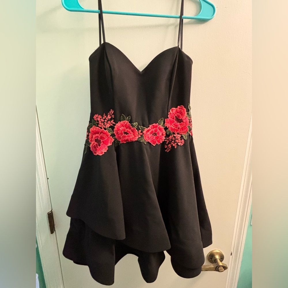 Black Dress with Red Floral Embroidery